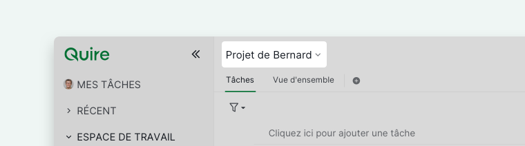Panneau principal Quire affichant le nom du projet