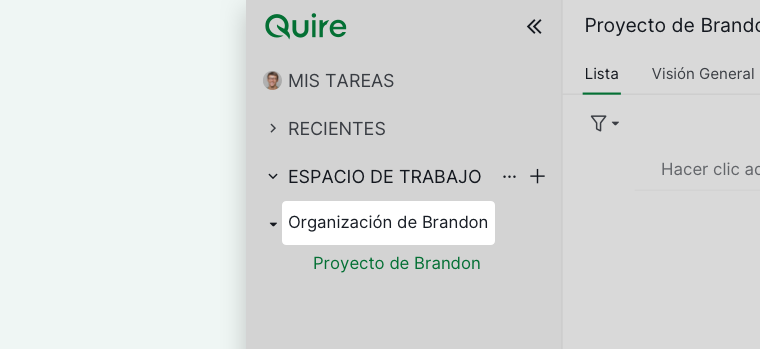 Barra lateral de Quire que muestra una organización con sus proyectos asociados