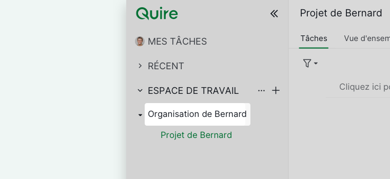 Barre latérale Quire affichant une organisation avec ses projets associés