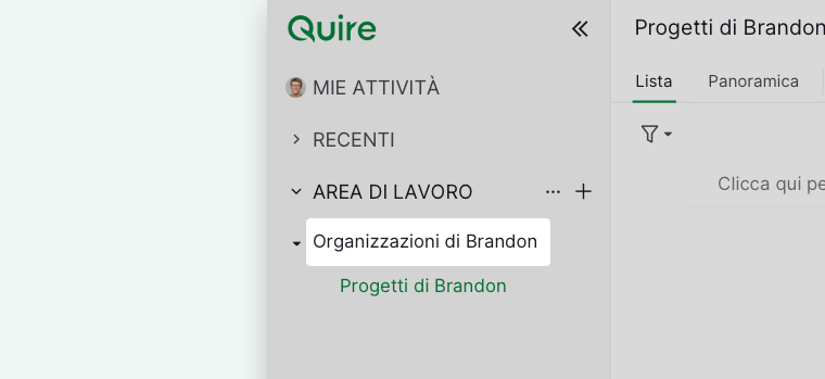 Barra laterale di Quire che mostra un'organizzazione con i suoi progetti associati
