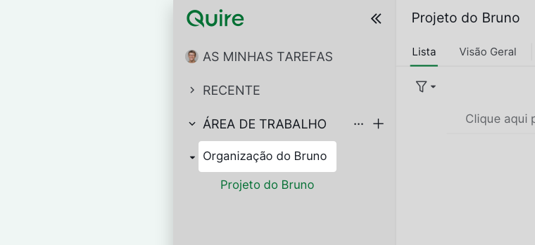 Barra lateral do Quire a mostrar uma organização com os respetivos projetos associados