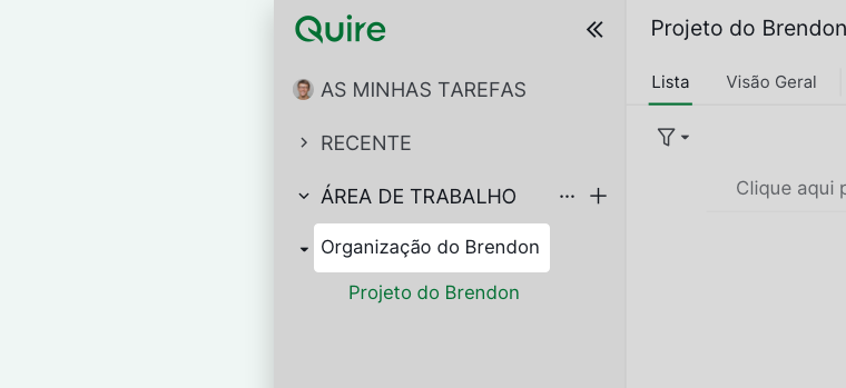 Barra lateral do Quire exibindo uma organização com seus projetos associados