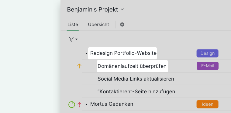 Quire-Hauptbereich mit Projektaufgaben, verschachtelten Unteraufgaben, Beauftragtem, Fälligkeitsdaten und Tags