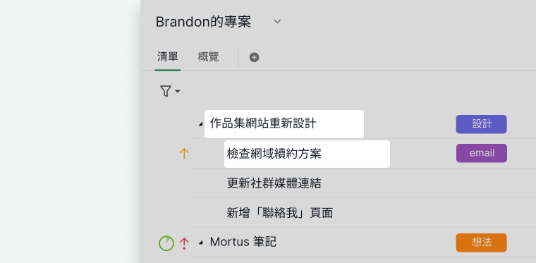 Quire 主面板显示项目任务,包含嵌套子任务、负责人、到期日期和标签