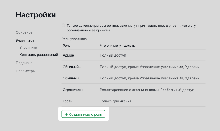 Создание новой роли разрешений в Quire