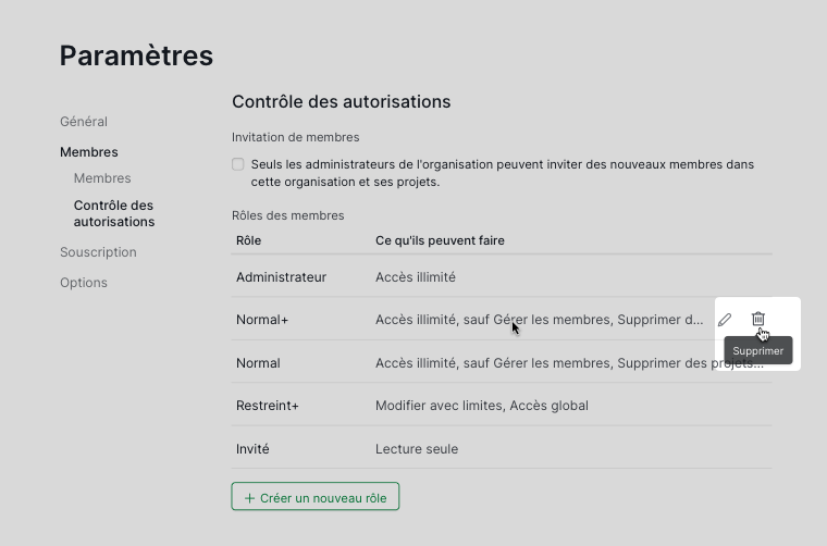 Supprimer un rôle pour les autorisations