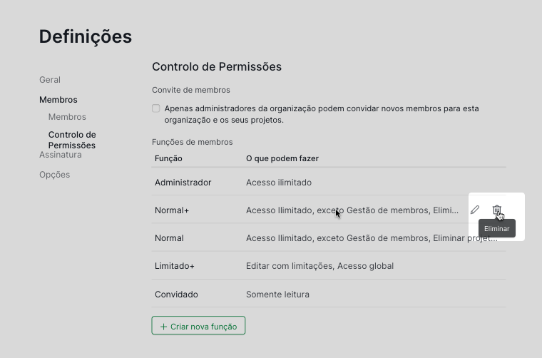 Eliminar uma permissão de função