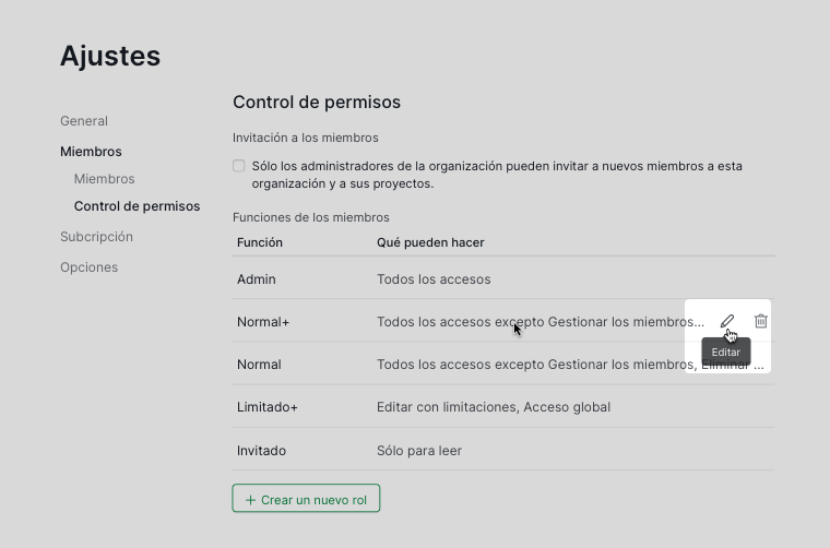 Editar roles de permiso en la configuración de la organización de Quire