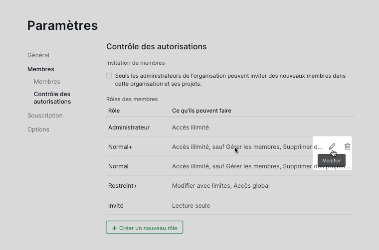 Modifier les rôles pour les autorisations dans les paramètres de l'organisation Quire
