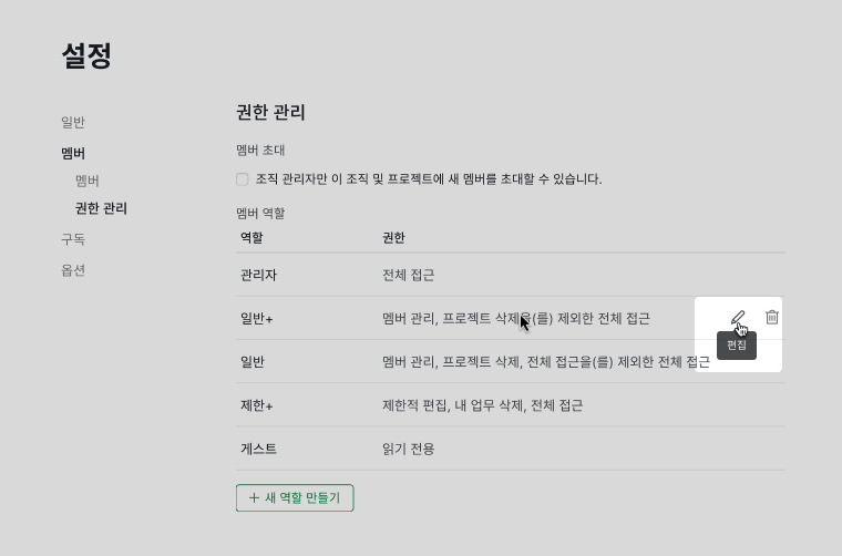 Quire 조직 설정에서 역할별 권한 편집