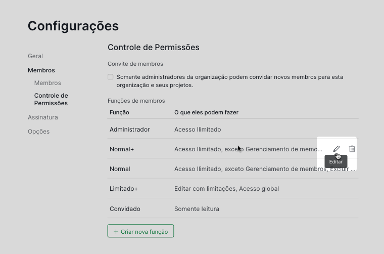 Editar Permissões de Funções nas configurações da organização no Quire
