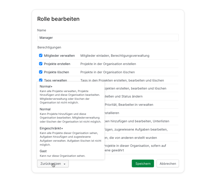 Berechtigungsrolle in Quire auf Standard zurücksetzen