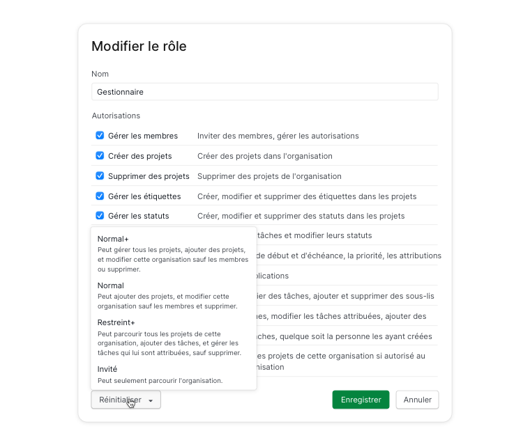 Réinitialiser un rôle pour les autorisations aux paramètres par défaut dans Quire